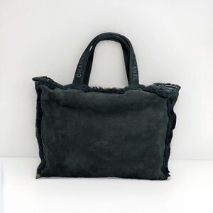 CHANEL Mouton Logo Handle Suede & Shearling Black Tote Bag